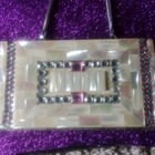 Vintage Rectangular Rhinestone Powder Compact Mirror W  Chain Strap  Puff   Comb