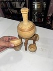 Vintage 1970s Stoneware Decanter Set Ceramic Liquor Bottle 4 Cups Wooden Stand