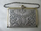 Antique Art Nouveau Floral Silver   Gold Card Case Leather Interior Purse Duplex