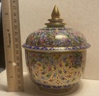 Thai Benjarong Porcelain  Lidded  Jar Hand Painted   Gold Gliding