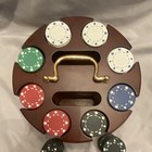 Vintage Poker Chip Set With Extra Chips  Wood Base  Mahogany  Heavy Plastic Chip