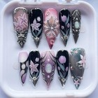 Handmade Purple Black 3d Floral Press On Nails Long Stiletto Custom False Nails
