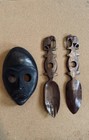 African Carved Mask Lot W  Small Carved Figures  Djembe Drum   Wooden Utensils