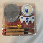 Shodo Mini Zen Calligraphy Kit Japanese Brush Inkstone Blue White Ceramic