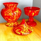Art Deco Czech Bohemian Tango Marbled Glass Vase   Candy Dish W  Lid Set Uv Glow