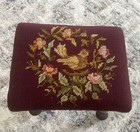 Vtg Small Wood Foot Stool Oval Victorian Style Needlepoint Flowers Burgundy