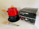 Vintage Fondue Pot Red Enamel 2 Qt  Stand 6 Forks