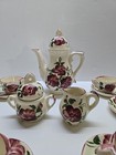 Vtg 15 Pc  Tea Set Children s Dishes Porcelain Floral Burgundy Green 