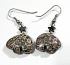 Vtg Unusual Stone  Geometric Abstract Animal Black Star Silver Tone Wire Earring