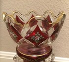 Antique Victorian Mantle Luster Vases Ruby Red Clear Crystal Hand Painted Pair