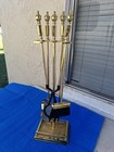 Brass Fireplace Tool Set Vtg 5 Piece Fire Poker Tongs Brush Shovel Stand - Decor