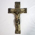 Antique Catholic Wall Or Casket Crucifix Heavy Metal Worn Brass Tone Inri Jesus