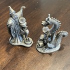 Vtg Set Of 2 Pewter Statue Figurine Dragon Wizard Roger Gibbons D d 80s Fantasy