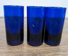 Lot Of 3 Skyy Vodka Shot Glasses Cobalt Blue Glass Gold Graphics Barware 3  Tall