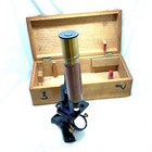 Antique Brass French Field Microscope In Original Box With Slides