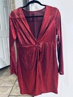 Red Satin Ruched V-neck Long Sleeve Bodycon Party Dress For Women