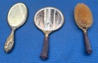 Lot Of 3 Antique 1890s 1900s Hand Held Vanity Mirror And Brush Art Nouveau Set