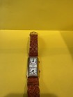 Orvis Dual Time Quartz Rectangular Analog Watch Gold Tone White Dial Brown Strap