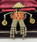 Vintage Asian Orange Yellow Black Rhinestone Water Carrier Brooch Unsigned Hobe 