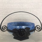 Signed Degue French  Blue Art Glass   Wrought Iron Bowl Basket Art Deco Nouveau