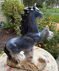 Vintage Large Glazed Ceramic Porcelain Horse Figurine Rearing Blue Gray Statue