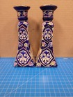 Pair Vintage Cobalt Blue Porcelain Candle Holders Gold Gilt Floral Chinoiserie 9