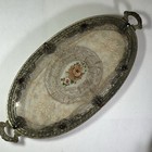 Antique Footed Jewel Vanity Glass Tray Encased Lace Needlepoint Grandmillennial