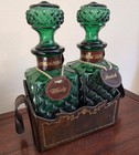 Italian Emerald Green Glass Decanter Set   Lthr Caddy Whisky Scotch  10    Mcm Vtg