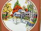Vintage Crewel Embroidered Framed Fall Autumn Mill Scene Signed Art Decor 17  Sq