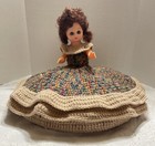 Vintage Crochet Bed Pillow Doll W multicolor Dress  Red Curly Hair    Blue Eyes