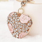 Love Heart Rose Flower Crystal Charm Pendant Purse Bag Key Ring Chain Gift