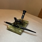 Vintage Parker Duofold Pen Socket Desk Fountain Set With Brass Dog On Green Onyx