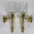 Pair Vtg Brass Wall Sconces Candle Holder Molded Glass Hurricane Shades Heavy 