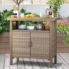 Outdoor Storage Cabinet Patio Wicker Bar Counter Table 2 Doors Backyard Patio