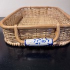 Vintage Wicker Basket Tray With Blue   White Porcelain Handles French Country