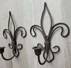 Wall Sconce Candle Holders Brown Wrought Iron 2 Pc  Set Fleur De Lis Vintage