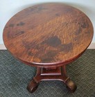 Antique Solid Tiger Oak Round Pedestal Side Table Heavy 24  Dia tall Scroll Foot