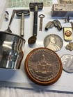 Junk Drawer Lot Vintage Foreign Money Coins Scale Razor Cards Green Stamps More