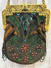 Antique 1920s Vintage Beaded Flapper Purse With Carved Plastic Frame W  Leaves