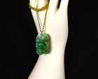 Vintage Chinese Carved Pierced 2 Sided Green Jadeite Jade Pendant 14k Gold Bail