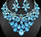 Floral Teal Austrian Cystal Rhinestone Necklace Earrings Set Prom Bridal N894