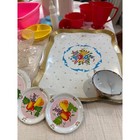 Vintage Mixed Toy Kitchen Lot Tin Floral Tray Plates Plastic Dishes Milk Bottles