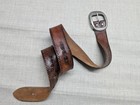 Vintage 1970s Buckle Belt Tooled Cowhide Leather 38 Brown Western Hippie Boho