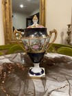 Vintage Porcelain Hand Painted French Style Miniature Vase Urn  With Lid Blue