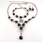 Black Rivoli Crystal Y-drop Necklace Bracelet Earrings Rhinestone Set