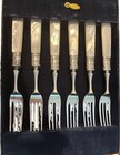 Vintage English Silver Plated 6 Knives   6 Forks Set Pearl Handles Wood Box