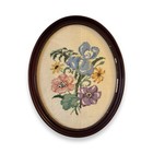 Vintage 1943 Hand Embroidered Floral Needlework Framed Oval Wall Art Folk Art