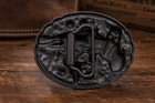 Men Western Belt Buckle Revolver Pistol Gun Feather Bull Skull Turquoise Color