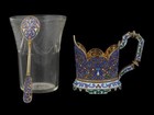 Antique Russian Silver  Enamel Tea Glass Holder And Spoon