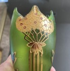 Antique Art Nouveau Green Glass Gold Enamel Flowers Leaves Early 1900s 6 5   